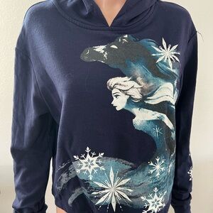 Disney Navy Elsa Pullover Hoodie with Icy Teal Graphics Sz L Gently Used